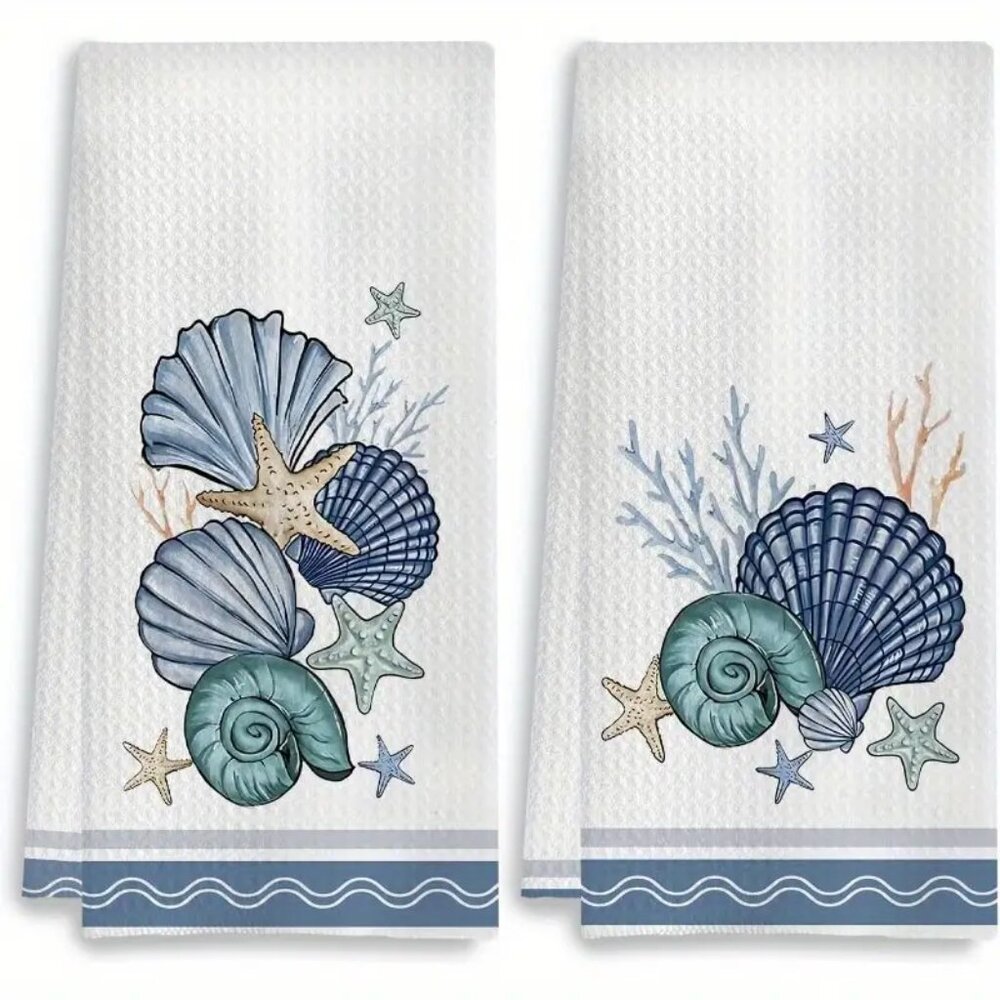 Coastal Decor Kitchen Tea Towels - Sea Shells Beach Theme - SET of 2